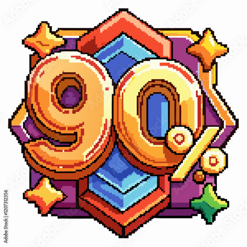 Vibrant Pixel Art 90 Percent Discount Offer with Stars and Colorful Graphics