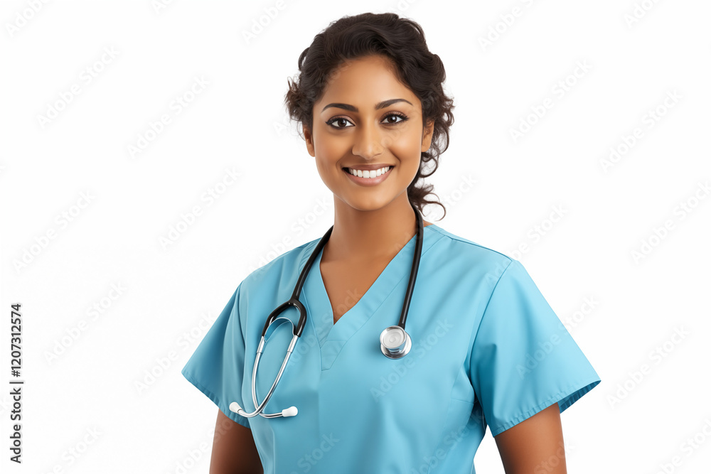 Smiling Indian Nurse in Professional Uniform with Stethoscope, Friendly and Compassionate Healthcare Worker, White Background, Perfect for Medical, Healthcare, Wellness, and Patient Care Concepts. Smiling Indian Nurse in Professional Uniform with Stethoscope, Friendly and Compassionate Healthcare Worker, White Background, Perfect for Medical, Healthcare, Wellness, and Patient Care Concepts.