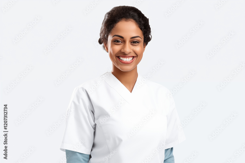 Smiling Indian Nurse in Professional Uniform with Stethoscope, Friendly and Compassionate Healthcare Worker, White Background, Perfect for Medical, Healthcare, Wellness, and Patient Care Concepts. Smiling Indian Nurse in Professional Uniform with Stethoscope, Friendly and Compassionate Healthcare Worker, White Background, Perfect for Medical, Healthcare, Wellness, and Patient Care Concepts.