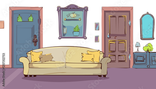 Living room interior with a sofa and a mirror. Vector illustration.