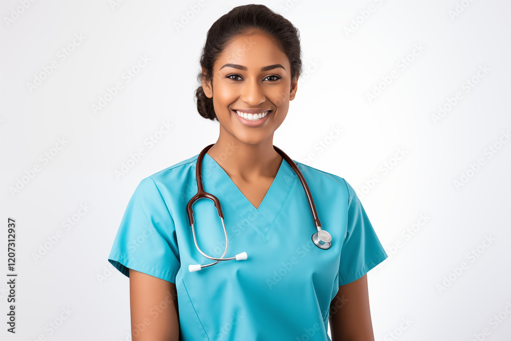 Smiling Indian Nurse in Professional Uniform with Stethoscope, Friendly and Compassionate Healthcare Worker, White Background, Perfect for Medical, Healthcare, Wellness, and Patient Care Concepts. Smiling Indian Nurse in Professional Uniform with Stethoscope, Friendly and Compassionate Healthcare Worker, White Background, Perfect for Medical, Healthcare, Wellness, and Patient Care Concepts.
