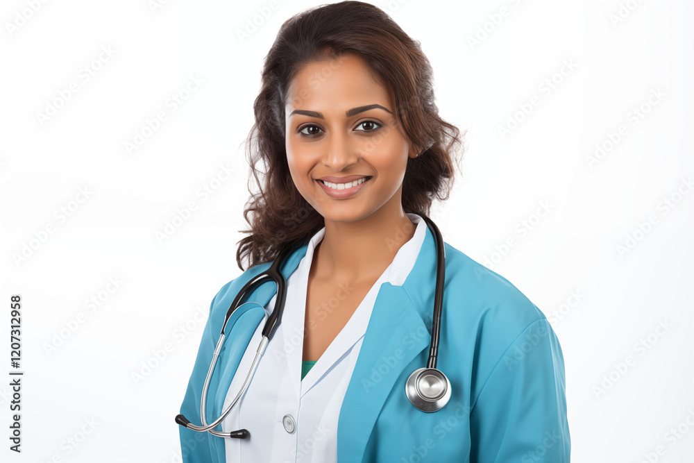 Smiling Indian Nurse in Professional Uniform with Stethoscope, Friendly and Compassionate Healthcare Worker, White Background, Perfect for Medical, Healthcare, Wellness, and Patient Care Concepts.