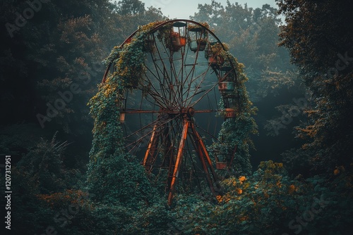 Abandoned ferris wheel overgrown with vines in a misty forest, evoking a sense of nostalgia, decay, and nature reclaiming amusement park memories. photo