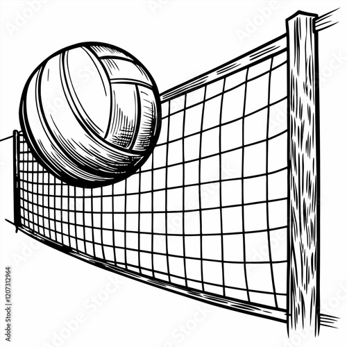 Black and White Volleyball Game Sketch with Net and Ball