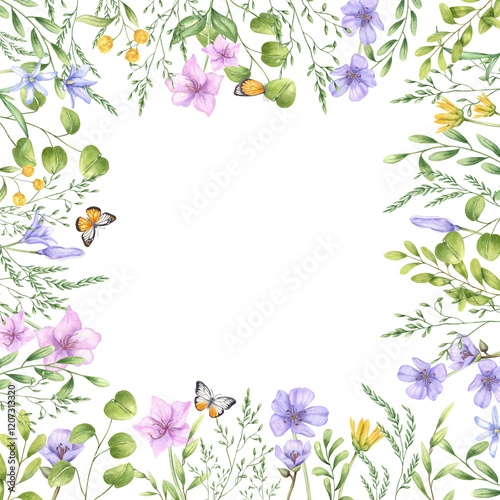 Watercolor spring flowers, eucalyptus branches, flying white orange butterflies hand painted square frame. Floral illustration with copy space for text. For Valentine day cards, invitation design