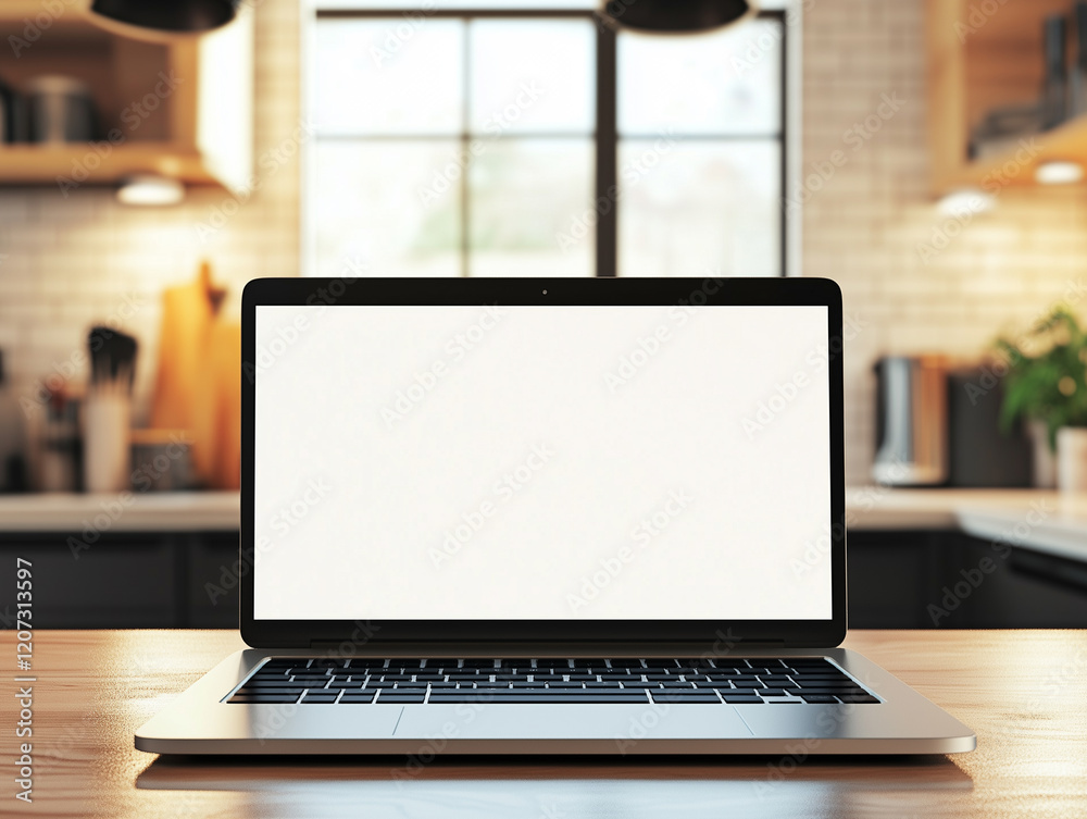 A blank laptop screen standing on the table in the kitchen A blank laptop screen standing on the table in the kitchen