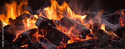 fire burning coals in fireplace photo