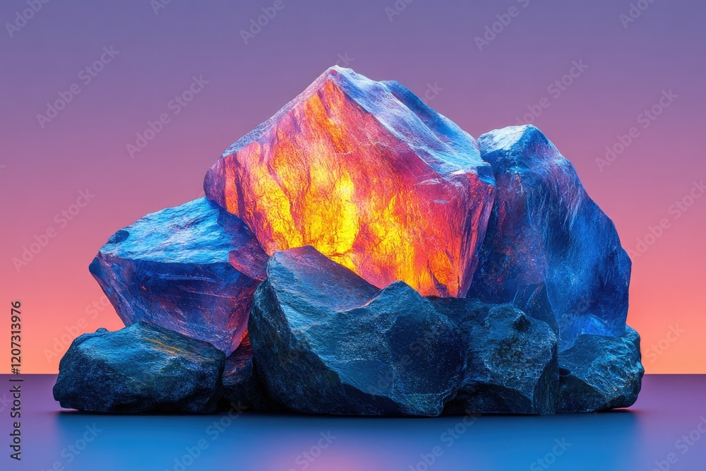 Obraz premium Glowing, vibrant rocks illuminated with warm, inner light against a purple-pink sunset backdrop.