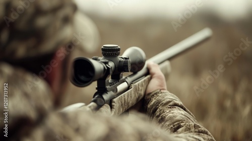 Hunter aiming rifle with scope in field.
