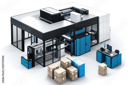 Detailed view of printing setup in room with glass walls, 3D render.
