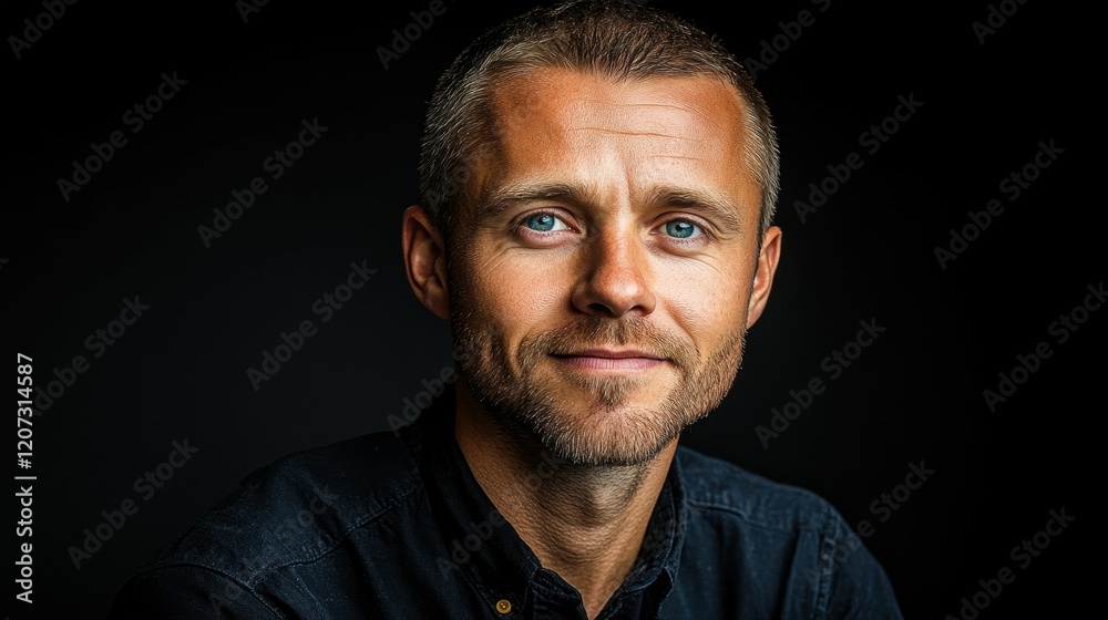 Obraz premium A man is posed against a dark backdrop, showcasing his blue eyes and confident smile. His casual attire highlights a relaxed yet professional demeanor