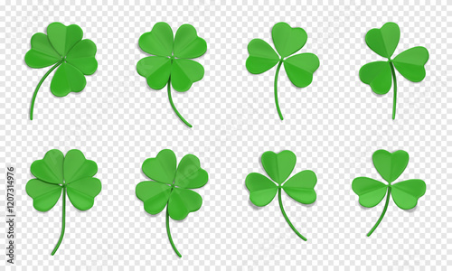 Green clover leaf 3D. Trefoil and quatrefoil. Shamrock symbol of lucky and Irish holiday St. Patrick Day. 3D icons with shamrock leaves. Design element isolated on a transparent background