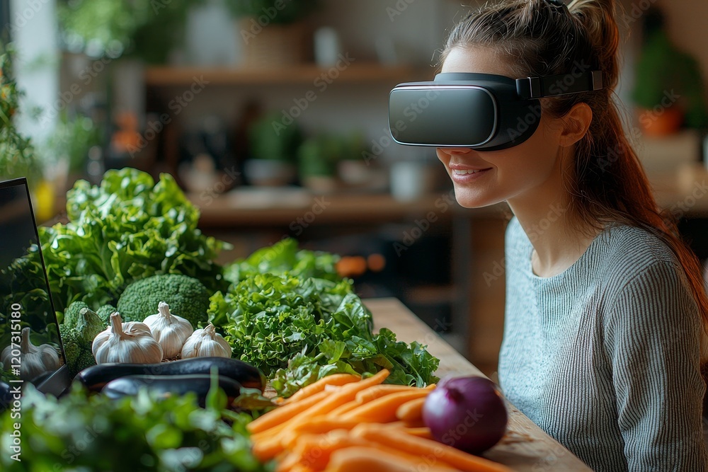 A woman at home smiles while wearing a virtual reality headset, leaning on a table with food and drinks nearby A woman at home smiles while wearing a virtual reality headset, leaning on a table with food and drinks nearby