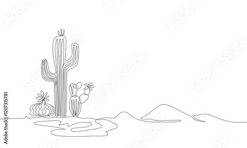 Continuous one line drawing depicting a tall cactus, smaller desert plants, a flowing stream resembling an oasis in a serene desert landscape with gentle dunes in the distance,Vector Editable stroke