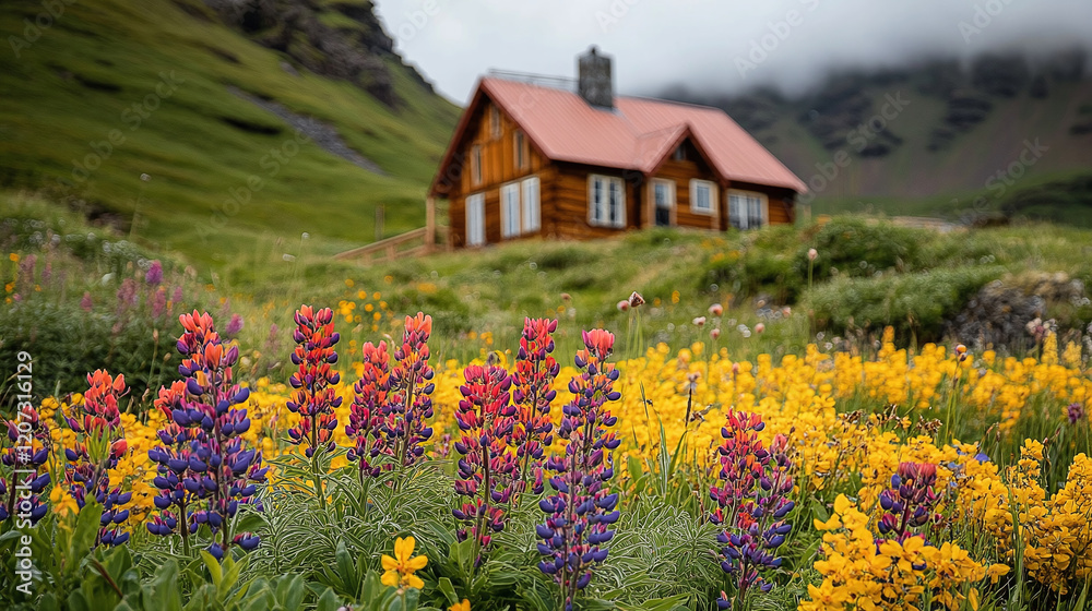 Vibrant wildflowers blooming in a meadow near a rustic wooden cabin on a cloudy day Vibrant wildflowers blooming in a meadow near a rustic wooden cabin on a cloudy day