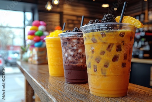 Plastic glasses of Thai tea, cocoa, and green tea cold drinks arranged on a wooden bar in a coffee shop or cafe setting, prepared for customers to enjoy takeaway or delivery