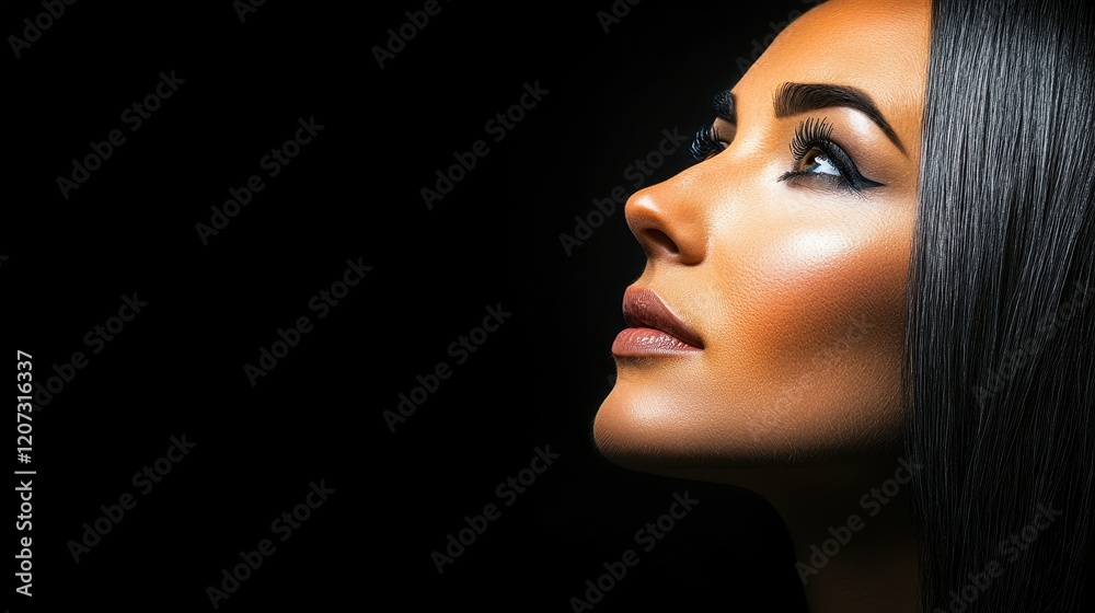 Fototapeta premium A woman with smooth, glowing skin looks upward with a calm expression. Her long, dark hair falls gracefully, highlighting her elegant profile in a dimly lit setting