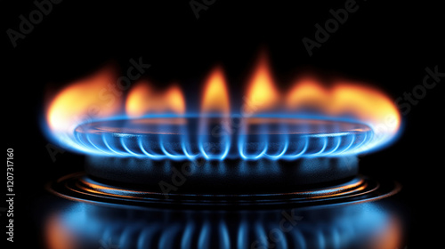 Flamme bleue et orange d'une cuisinière à gaz sur fond noir
