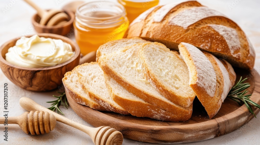 This enticing image features slices of bread served with butter and jars of honey, creating a warm and inviting atmosphere suitable for a delightful meal. This enticing image features slices of bread served with butter and jars of honey, creating a warm and inviting atmosphere suitable for a delightful meal.