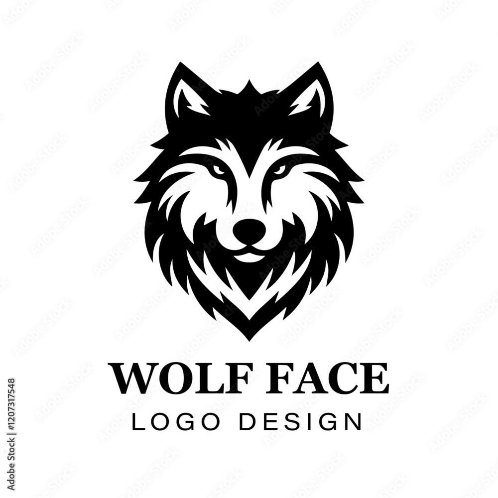 Obraz premium Black and white stylized wolf head logo design featuring sharp lines, bold symmetry, modern animal vector artwork for branding and creative graphic projects. 