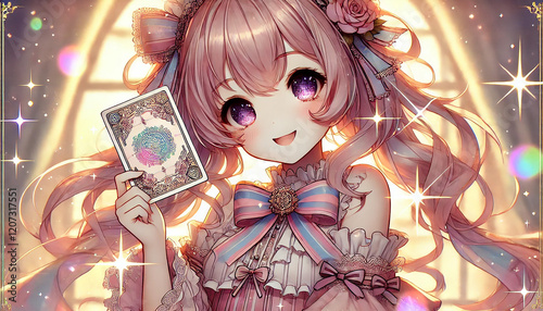 魔法のカードを持つファンタジー少女：輝く夢の世界Fantasy Girl Holding a Magical Card: A World of Sparkling Dreams