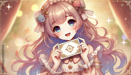 ゴールドのカードを持つファンタジー少女：輝く夢の世界Fantasy Girl Holding a Golden Card: A Dreamy World of Glow