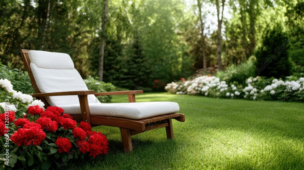 A sunlit garden featuring a cozy lounge chair amidst blooming red and white flowers, creating a serene and inviting outdoor retreat for relaxation. A sunlit garden featuring a cozy lounge chair amidst blooming red and white flowers, creating a serene and inviting outdoor retreat for relaxation.