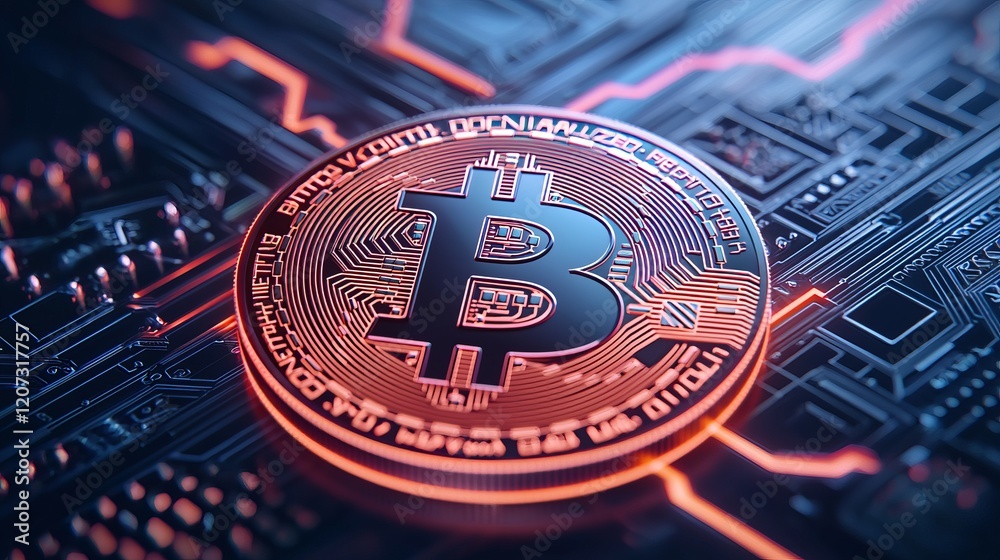 A glowing Bitcoin symbol rests on a circuit board, representing digital currency and advanced technology in finance. A glowing Bitcoin symbol rests on a circuit board, representing digital currency and advanced technology in finance.
