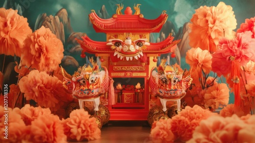 Vibrant Chinese New Year Temple Scene with Lion Dance Decorations