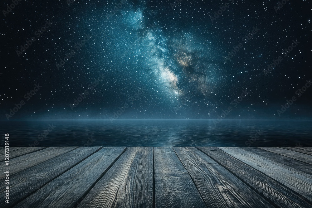Serene night scene with a wooden dock overlooking a calm ocean under a starry sky, featuring the Milky Way. Serene night scene with a wooden dock overlooking a calm ocean under a starry sky, featuring the Milky Way.