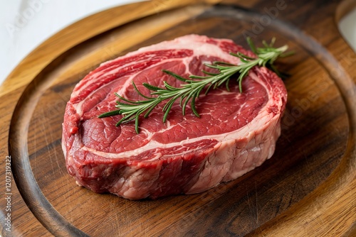 A photo of a raw steak with a sprig of rosemary on top photo