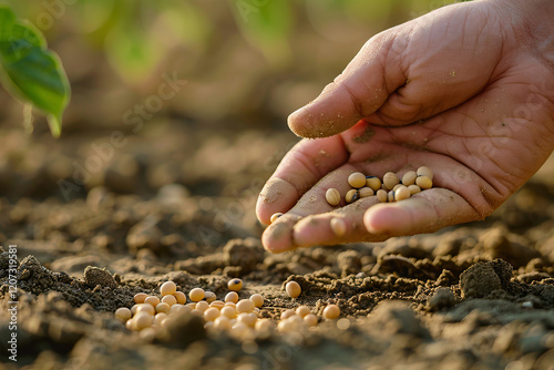A hand is planting seeds in the dirt. Rich harvest, Concept of hard work and dedication