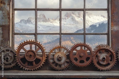 Rusty gears rest on a weathered window sill, showcasing a breathtaking view of snow-capped mountains. photo