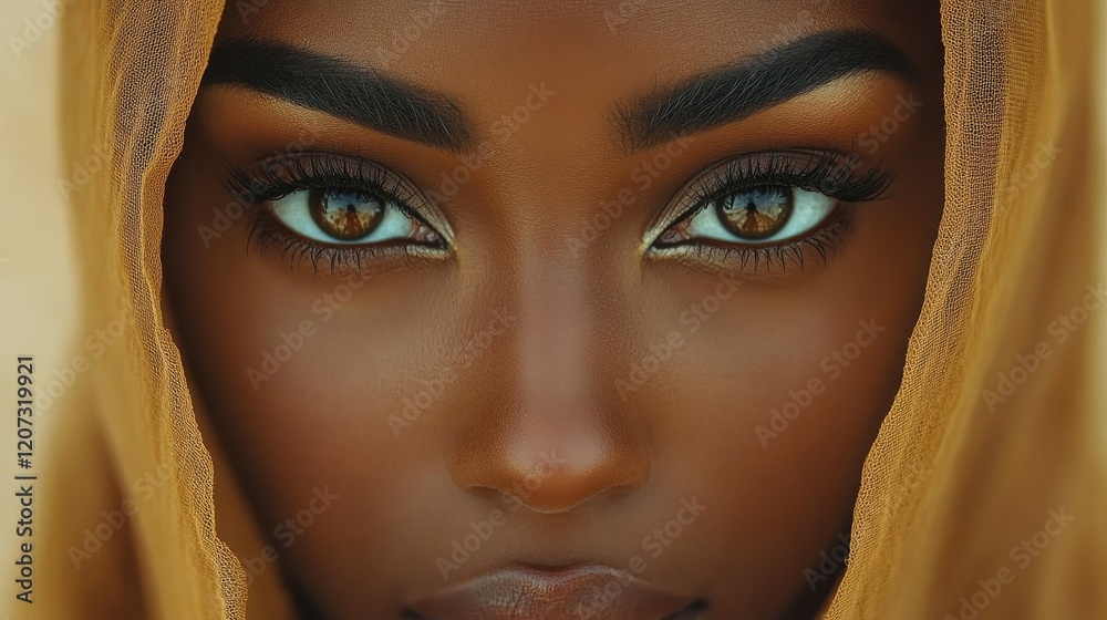 A woman gazes directly at the viewer, her captivating brown eyes highlighted by soft makeup. She wears a golden headscarf that frames her face elegantly, illuminated by warm sunlight A woman gazes directly at the viewer, her captivating brown eyes highlighted by soft makeup. She wears a golden headscarf that frames her face elegantly, illuminated by warm sunlight