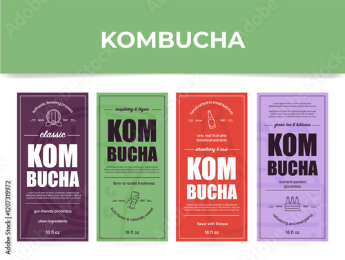 Bright labels presenting varieties of kombucha with unique flavors and health benefits