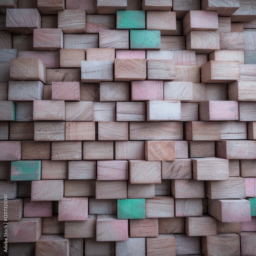Fototapeta premium Textured Wooden Blocks Wall 3D Render Abstract Background Timber Tiles