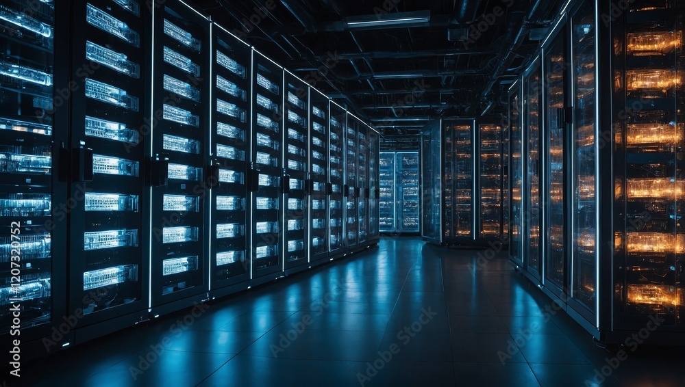 A futuristic information storage facility with rows of illuminated server racks, representing a cryptocurrency farm A futuristic information storage facility with rows of illuminated server racks, representing a cryptocurrency farm