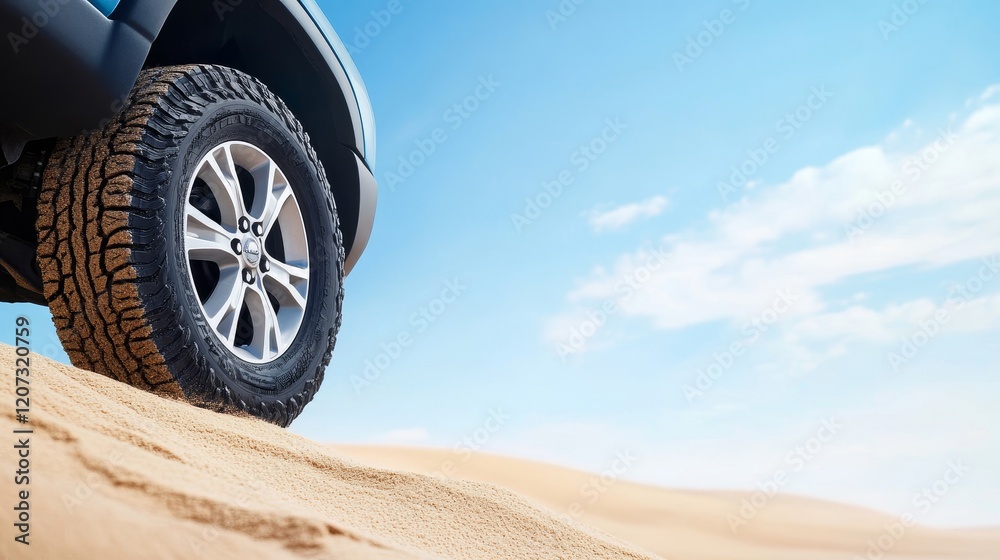 Off-road Vehicle Tire Gripping Sand Dune Under Bright Blue Sky with Cloudy Background, Showcasing Adventure and Outdoor Exploration Off-road Vehicle Tire Gripping Sand Dune Under Bright Blue Sky with Cloudy Background, Showcasing Adventure and Outdoor Exploration