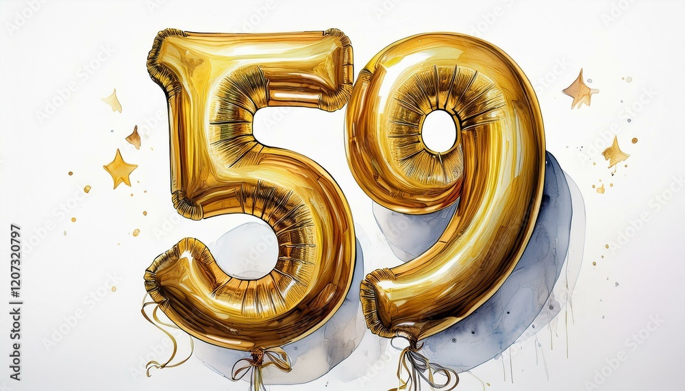Gold birthday / anniversary party balloon, number 59, watercolor painting with white background Gold birthday / anniversary party balloon, number 59, watercolor painting with white background