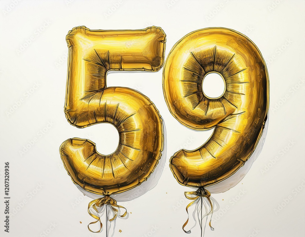 Obraz premium Gold birthday / anniversary party balloon, number 59, watercolor painting with white background