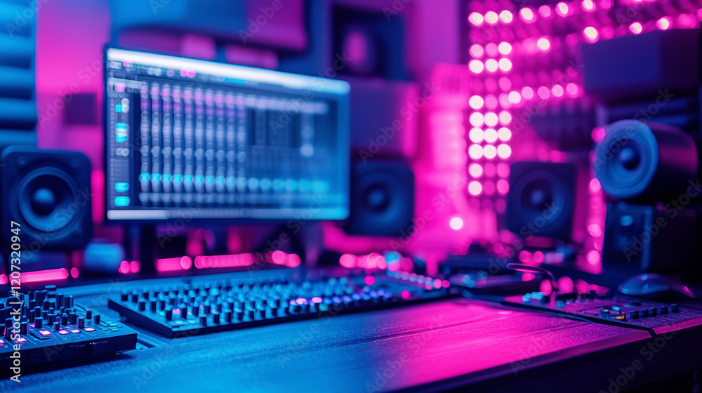 vibrant music studio featuring high end audio equipment, colorful lights, and computer screen displaying sound mixing software vibrant music studio featuring high end audio equipment, colorful lights, and computer screen displaying sound mixing software