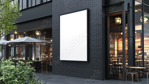 Modern restaurant near a wall with a blank digital sign, black bricks.