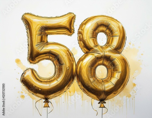 Gold birthday / anniversary party balloon, number 58, watercolor painting with white background photo