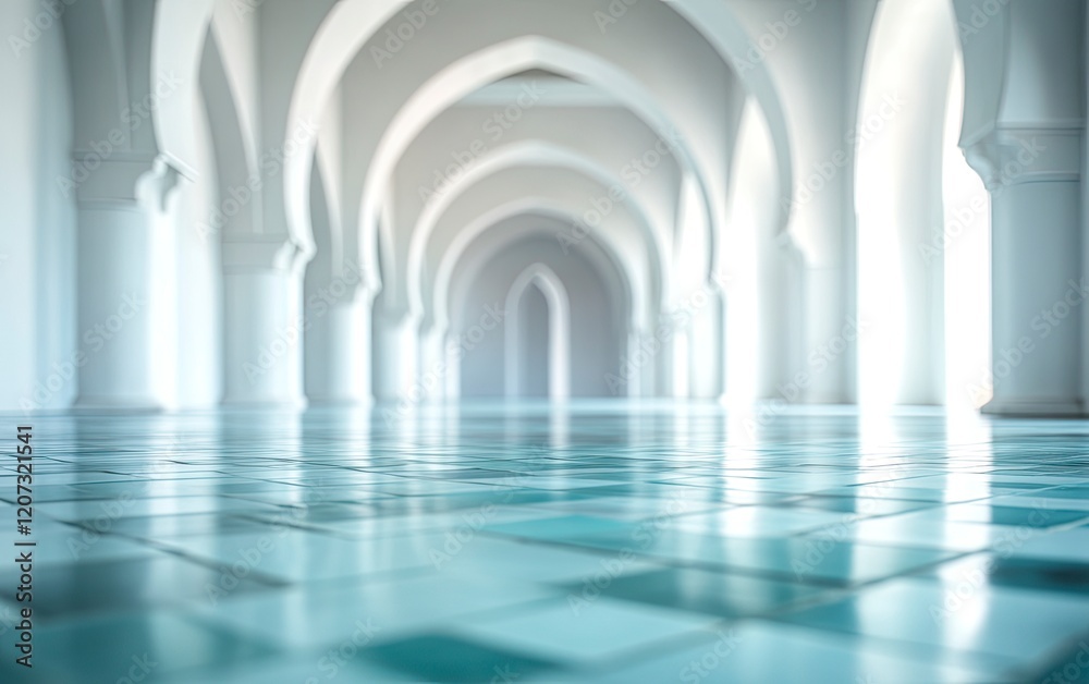 Blurred background of the interior, a modern mosque with arched windows and a blue-green tiled floor. Blurry background of an empty room in white color with blurry walls and arches. Blurred background of the interior, a modern mosque with arched windows and a blue-green tiled floor. Blurry background of an empty room in white color with blurry walls and arches.
