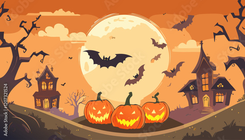 Horror background with pumpkins, haunted house and bats. Vector illustration.