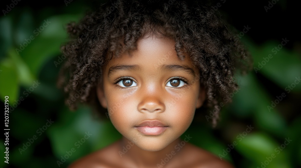 A young child with curly hair and expressive eyes stands in front of a vibrant green backdrop. The strong gaze conveys innocence and curiosity, illuminated by soft sunlight A young child with curly hair and expressive eyes stands in front of a vibrant green backdrop. The strong gaze conveys innocence and curiosity, illuminated by soft sunlight
