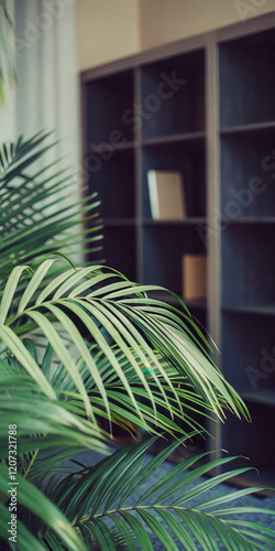 Modern Office with Tropical Plant and Minimalist Bookshelves