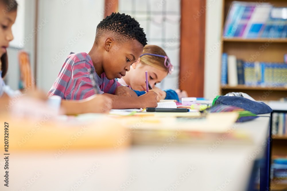 Children sitting in a row in classroom doing homework in primary school Children sitting in a row in classroom doing homework in primary school