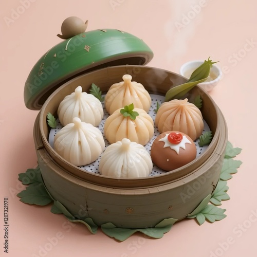 Claymorphism 3D Dim Sum Illustration With a Vibrant Shiny Style Using Bright Pastel Colors On The Background photo