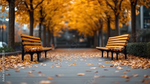 A vibrant autumn scene showcasing stylish benches along a pathway covered in falling golden leaves, symbolizing nature's beauty and artistic inspiration.